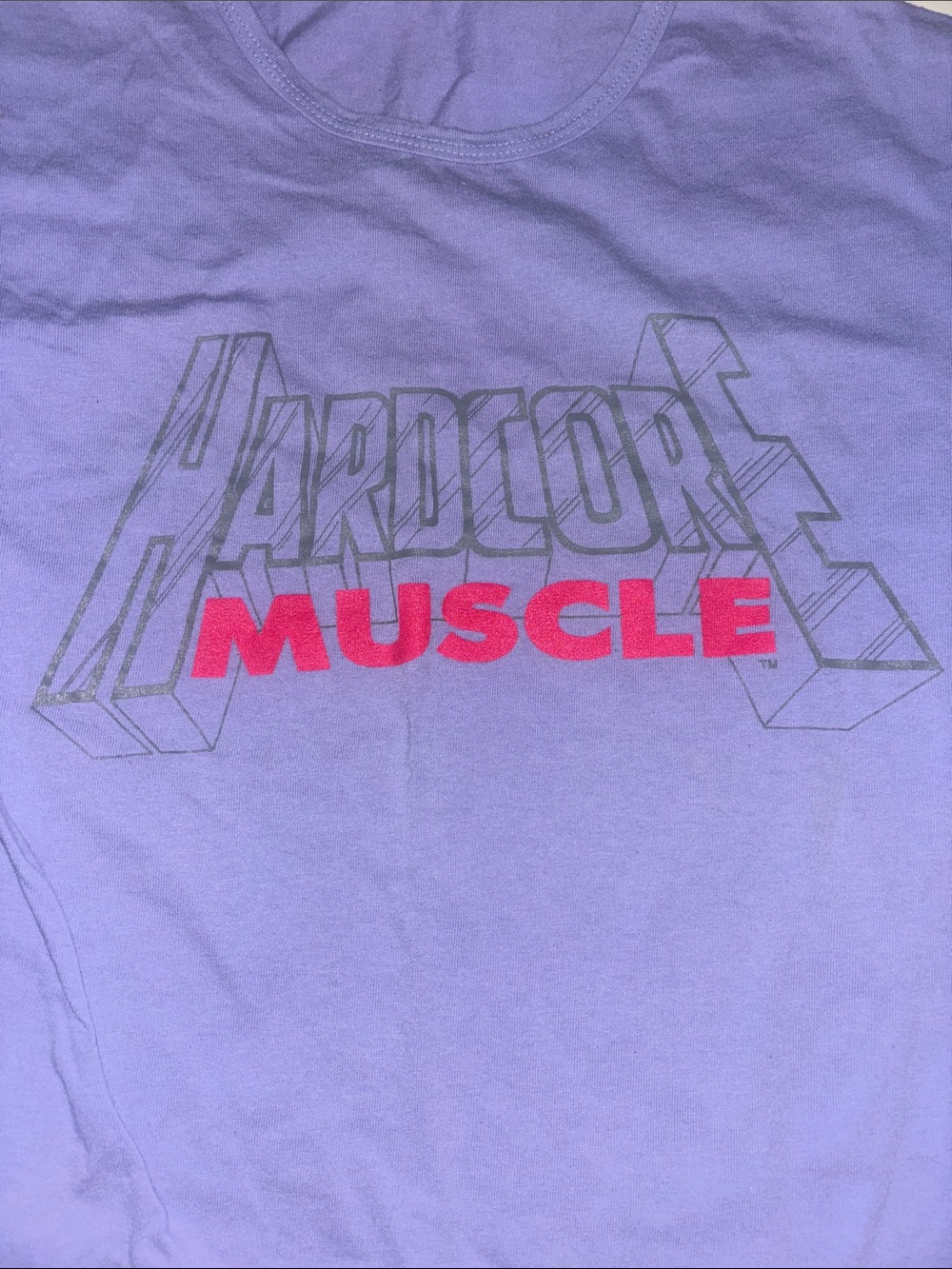 NYC Hardcore Muscle Gym Graphic Tee Lavender with Pink Logo Size Medium Women's